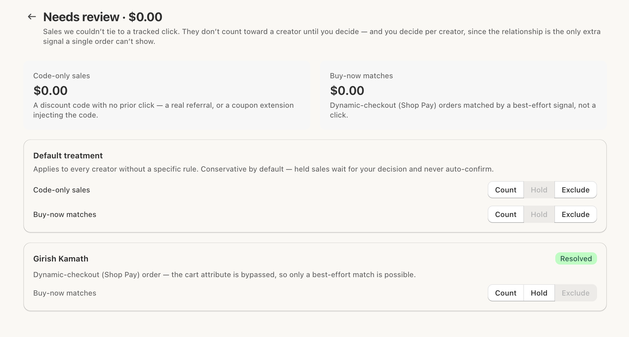 Affern Needs review workspace showing buy-now matches from Shop Pay dynamic checkout alongside code-only sales, each with Count, Hold, and Exclude controls